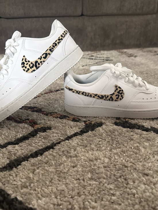 Nike Shoes - Nike Women’s White Sneakers with Leopard Swoosh Accents